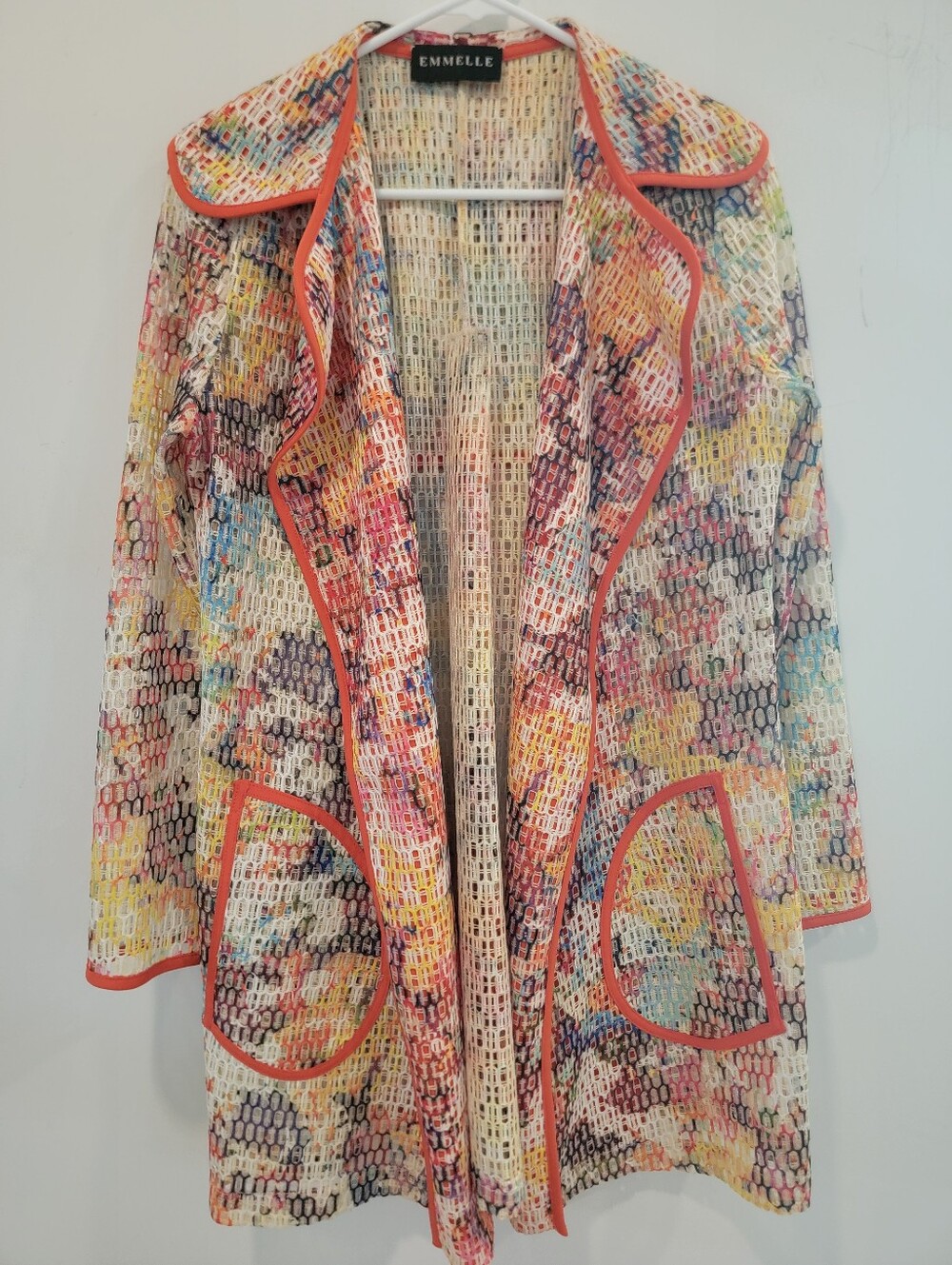 Emmelle Vibrant Multicolor Open Weave Jacket with Orange Trim XS